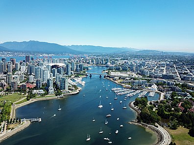 Panorama of False Creek with city skyline